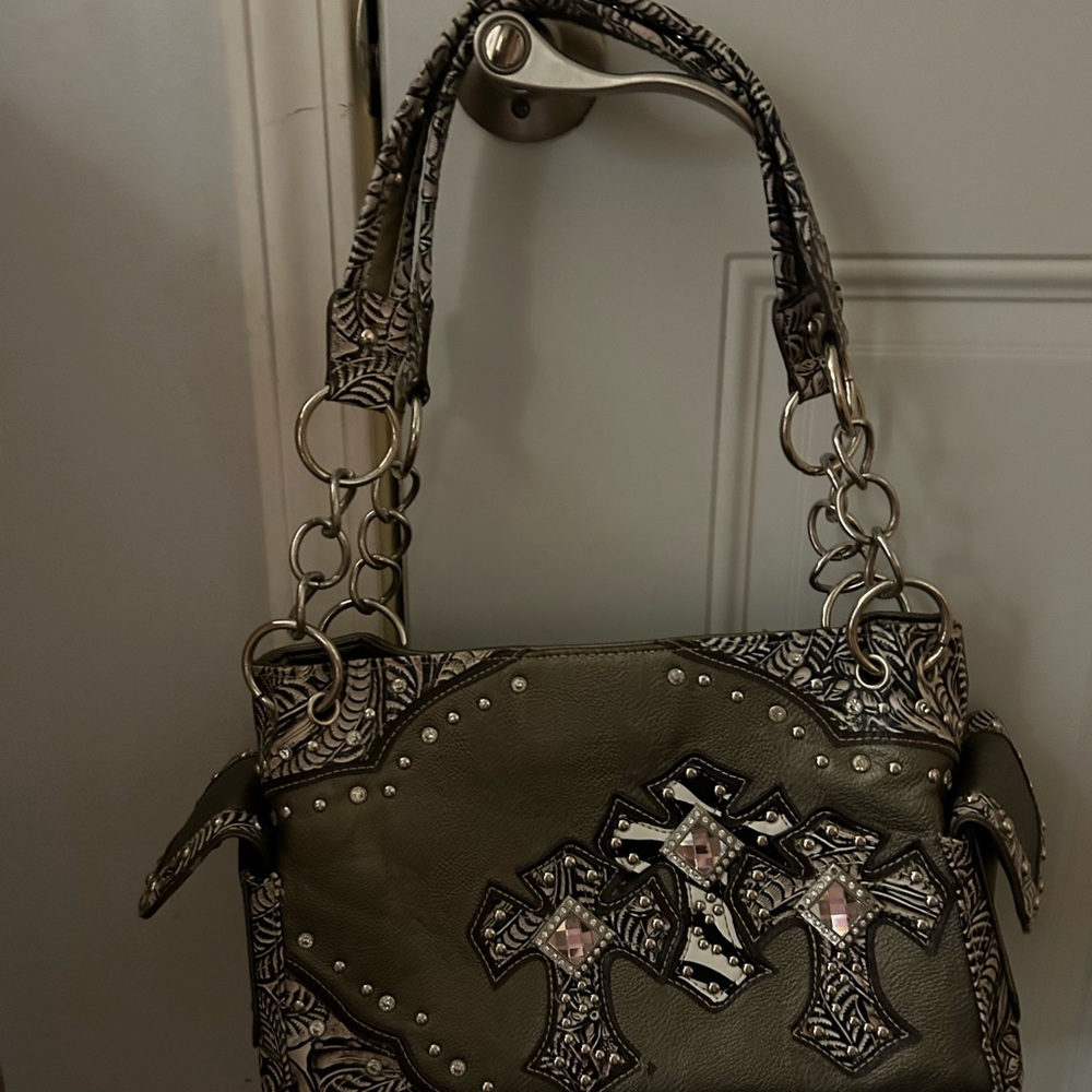 Black and Gray Shoulder Bag with Metallic Accents